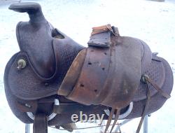 Antique/Vintage 14.5 Texas Tanning / TexTan slick seat roping saddle