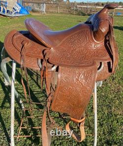 Antique/Vintage 15 tooled Western slick seat saddle VCC Antique/Vintage 15 tooled Western slick seat saddle VCC