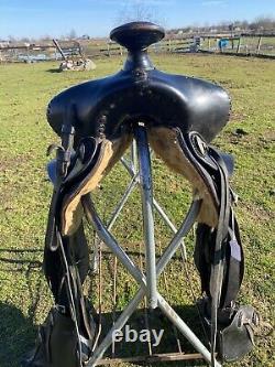 Antique/Vintage J. C. Higgins 15.5 slick seat Western saddle withtapaderos