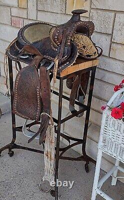 Antique Vintage Tooled Floral Leather Sheep Skin Western Saddle with Bridle, Tack