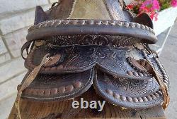 Antique Vintage Tooled Floral Leather Sheep Skin Western Saddle with Bridle, Tack