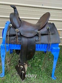 Antique/vintage R. T. Frazier 15.5 Western high back saddle with tapaderos