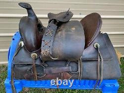 Antique/vintage R. T. Frazier 15.5 Western high back saddle with tapaderos