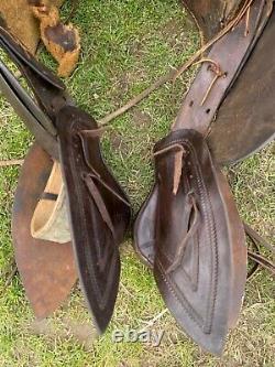 Antique/vintage R. T. Frazier 15.5 Western high back saddle with tapaderos