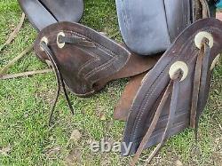 Antique/vintage R. T. Frazier 15.5 Western high back saddle with tapaderos