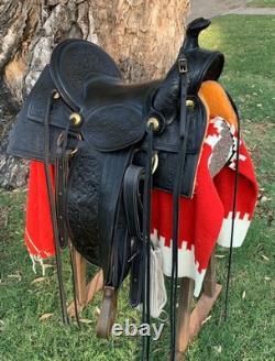 Antique western saddle, 1890 ca. Black, floral carved, 16 full seat A-fork