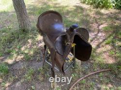 Australian Stock Poley Saddle with Horn Brown Leather Brass Fittings + Stirrups