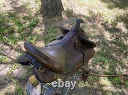 Australian Stock Poley Saddle with Horn Brown Leather Brass Fittings + Stirrups Australian Stock Poley Saddle with Horn Brown Leather Brass Fittings + Stirrups