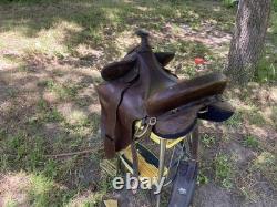 Australian Stock Poley Saddle with Horn Brown Leather Brass Fittings + Stirrups