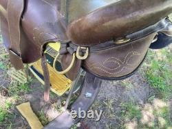 Australian Stock Poley Saddle with Horn Brown Leather Brass Fittings + Stirrups
