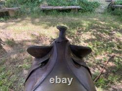 Australian Stock Poley Saddle with Horn Brown Leather Brass Fittings + Stirrups