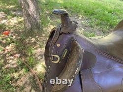 Australian Stock Poley Saddle with Horn Brown Leather Brass Fittings + Stirrups