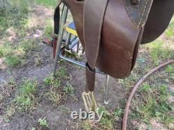 Australian Stock Poley Saddle with Horn Brown Leather Brass Fittings + Stirrups