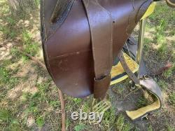 Australian Stock Poley Saddle with Horn Brown Leather Brass Fittings + Stirrups