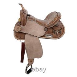 BARREL SADDLE 15 Weathered Steer FQHB Stainless Hardware Aluminum Stirrups