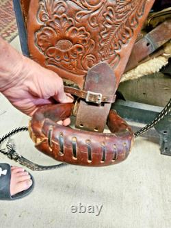 BEAUTIFUL TOOLED COMPLETE WESTERN LEATHER SADDLE CIRCLE Y BROWN 17 w BELTS +