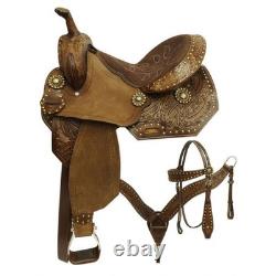 Barrel Style Saddle SET with Feather Tooling Aluminum Stirrups 14 15 NEW