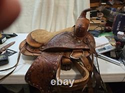 Beautifully Tooled Vintage Western Saddle Leather 15 inch Youth Riding Roping