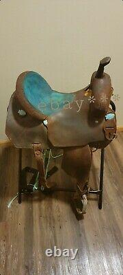 Big G Barrel Saddle 15 Custom Leather Turquoise Roughout Chocolate Western