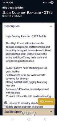 Billy Cook High Country Rancher 2175 Ranch Saddle 16 in Brown Leather