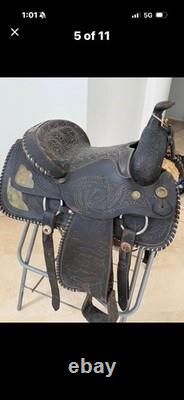 Black Tooled Leather Traditional Western Pleasure/Trail Saddle 15 in for Horse