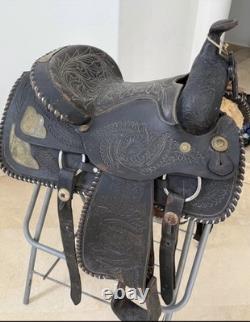Black Tooled Leather Traditional Western Pleasure/Trail Saddle 15 in for Horse