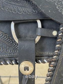 Black Tooled Leather Traditional Western Pleasure/Trail Saddle 15 in for Horse