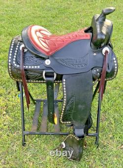 Black Western Parade Saddle Diamond Studs Tapadero Stirrups Fancy Leather 15.5