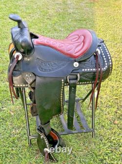 Black Western Parade Saddle Diamond Studs Tapadero Stirrups Fancy Leather 15.5