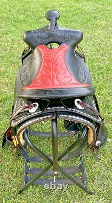 Black Western Parade Saddle Diamond Studs Tapadero Stirrups Fancy Leather 15.5