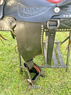 Black Western Parade Saddle Diamond Studs Tapadero Stirrups Fancy Leather 15.5