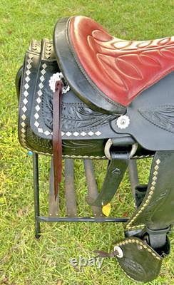 Black Western Parade Saddle Diamond Studs Tapadero Stirrups Fancy Leather 15.5