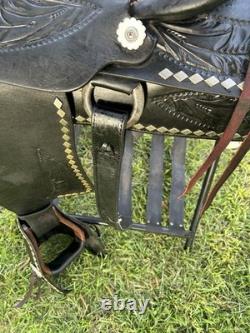 Black Western Parade Saddle Diamond Studs Tapadero Stirrups Fancy Leather 15.5