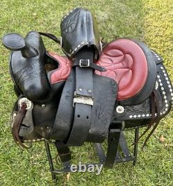 Black Western Parade Saddle Diamond Studs Tapadero Stirrups Fancy Leather 15.5