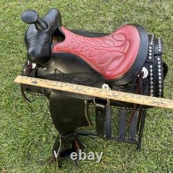 Black Western Parade Saddle Diamond Studs Tapadero Stirrups Fancy Leather 15.5