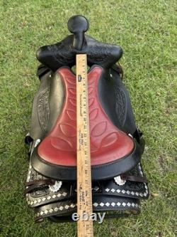 Black Western Parade Saddle Diamond Studs Tapadero Stirrups Fancy Leather 15.5