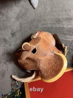 Brown Tooled Leather Traditional Western Horse Saddle with Stirrups