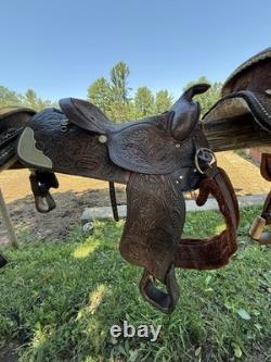 Brown Tooled Leather Western Pleasure/Trail Horse Saddle Traditional 15 in