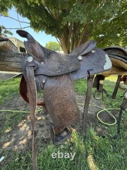 Brown Tooled Leather Western Pleasure/Trail Horse Saddle Traditional 15 in