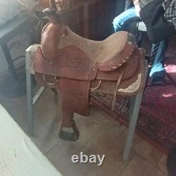 Brown Tooled Leather Western Pleasure Trail Saddle, 16 Inch Traditional Seat