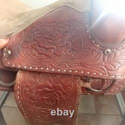 Brown Tooled Leather Western Pleasure Trail Saddle, 16 Inch Traditional Seat