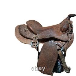 Brown Tooled Leather Western Saddle 15 in for Horse with Stirrups & Fenders