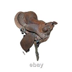 Brown Tooled Leather Western Saddle 15 in for Horse with Stirrups & Fenders