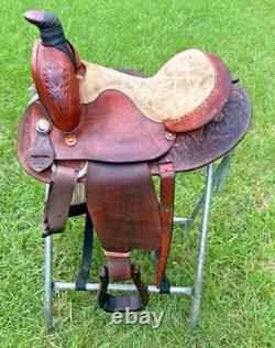 Brown Western Saddle 15 Inch Seat Tooled Leather Fancy Horse Round Skirts VGC