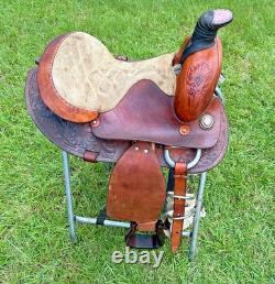 Brown Western Saddle 15 Inch Seat Tooled Leather Fancy Horse Round Skirts VGC