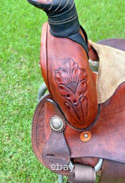 Brown Western Saddle 15 Inch Seat Tooled Leather Fancy Horse Round Skirts VGC
