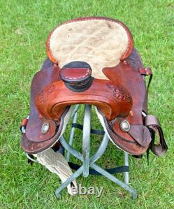 Brown Western Saddle 15 Inch Seat Tooled Leather Fancy Horse Round Skirts VGC
