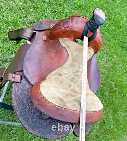 Brown Western Saddle 15 Inch Seat Tooled Leather Fancy Horse Round Skirts VGC