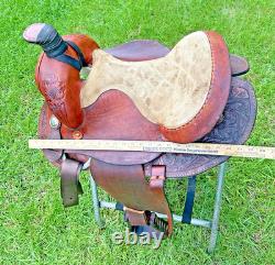Brown Western Saddle 15 Inch Seat Tooled Leather Fancy Horse Round Skirts VGC
