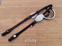 CIRCLE Y Tooled Double Ear Silver Buckle Western Show Headstall Dark Oil